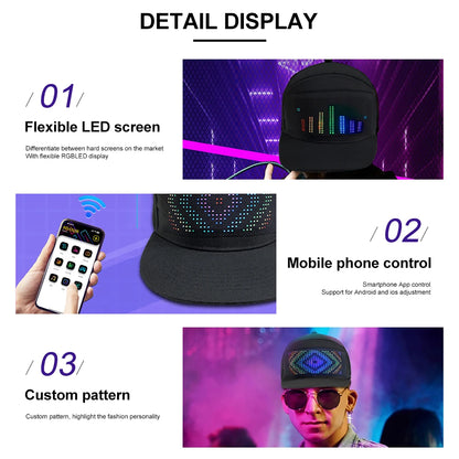 Pantalla de luz LED DIY, matriz inteligente, gorras de béisbol con Bluetooth, control por aplicación, decoración genial para fiestas de hip hop
