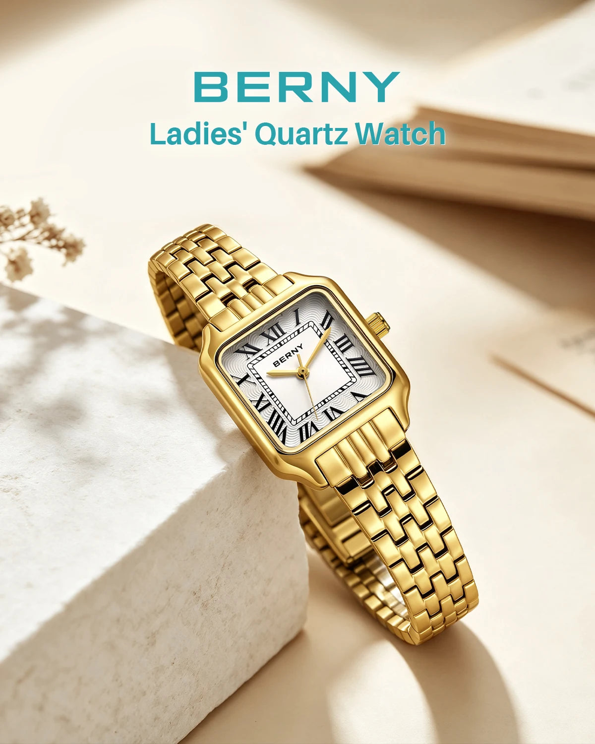 Relógio Feminino Quadrado BERNY Luxo – Quartz em Aço Inoxidável à Prova D'Água