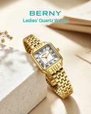 Relógio Feminino Quadrado BERNY Luxo – Quartz em Aço Inoxidável à Prova D'Água