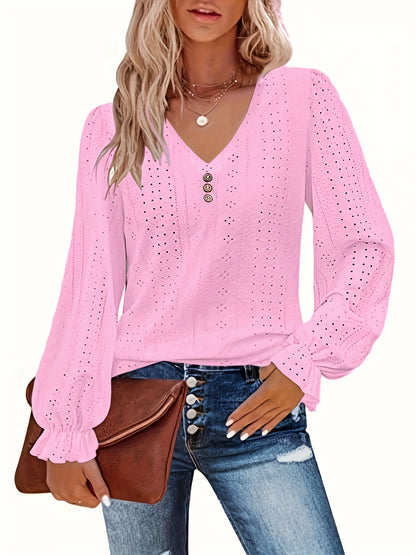Plus size ilhó botão decoração camiseta casual decote em v manga longa topo para primavera e outono roupas femininas plus size