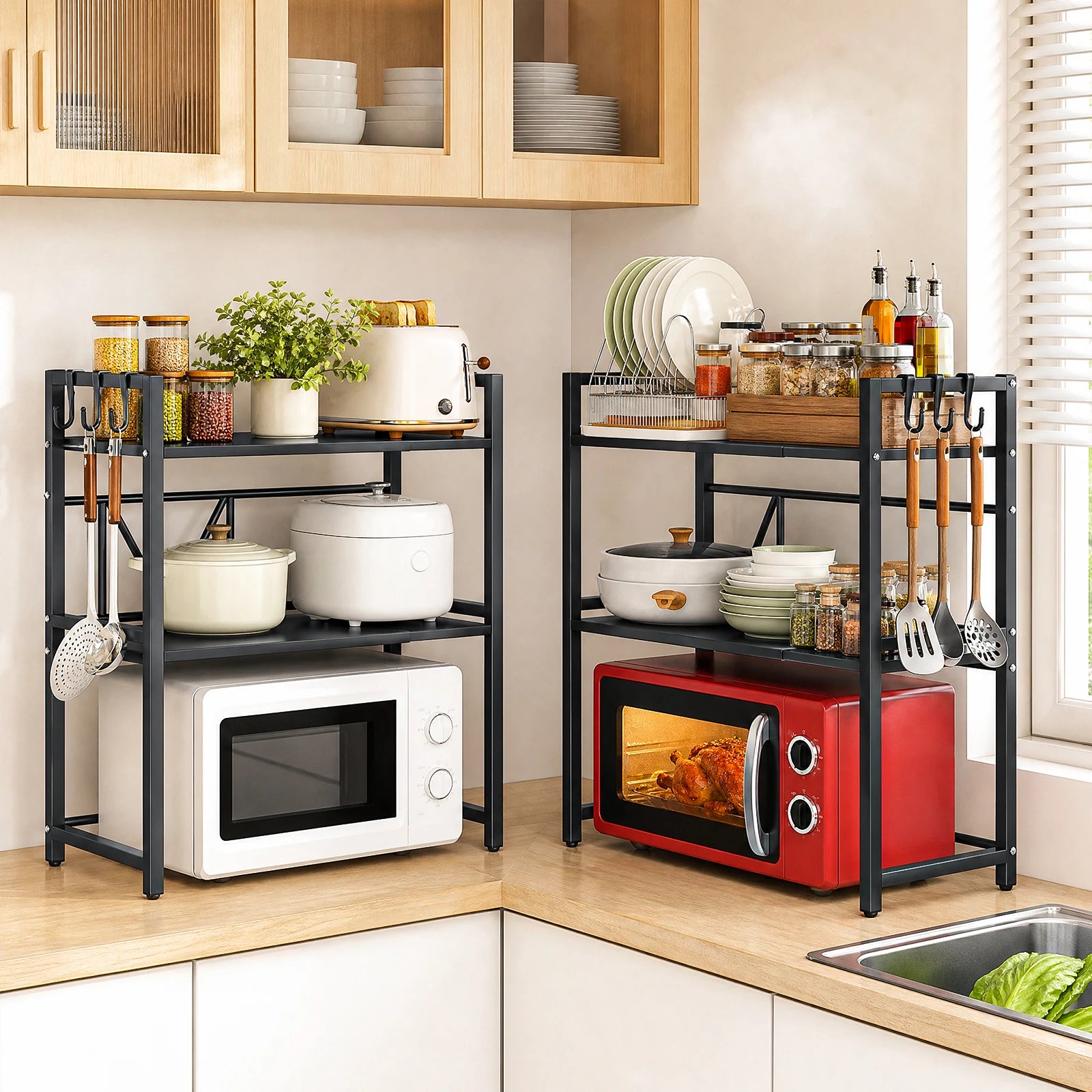 3-Tier Microwave Oven Rack Shelf Kitchen Countertop Oven Rack Expandable Seasoning Storage Rack Stand Storage Tableware Racks
