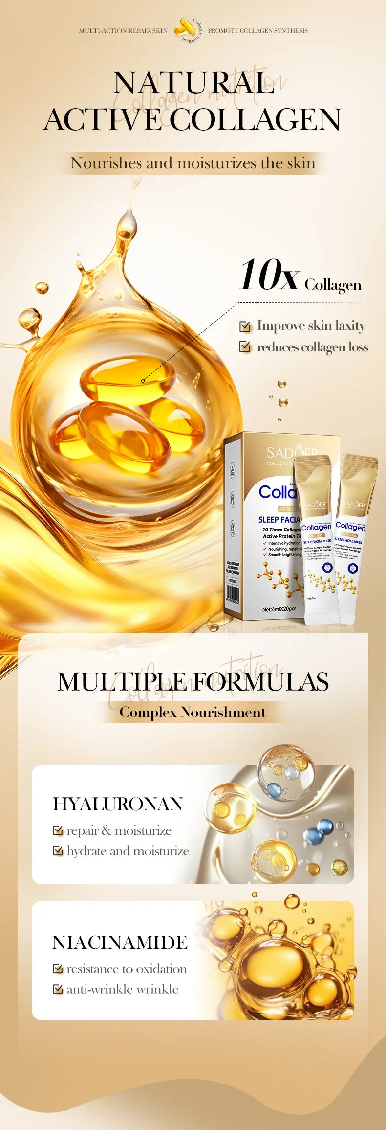 Mascarillas faciales SADOER con colágeno para dormir, 30 unidades, hidratantes, iluminadoras, reafirmantes y para el cuidado facial.