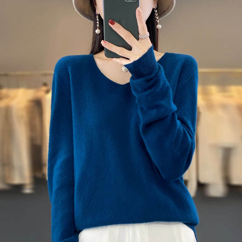 Suéter básico de otoño-invierno 2024 para mujer, 100 % lana merino, cuello en V, tejido de punto liso, jersey de oficina para mujer, manga larga, cachemir.
