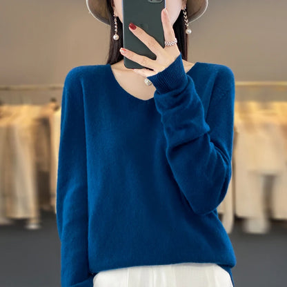 Suéter básico de otoño-invierno 2024 para mujer, 100 % lana merino, cuello en V, tejido de punto liso, jersey de oficina para mujer, manga larga, cachemir.