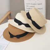 COKPanama Simple Summer Beach Sun Protection Bowknot French-Style Small Hat, Women's Casual Flat-Brimmed Straw Hat with Bow