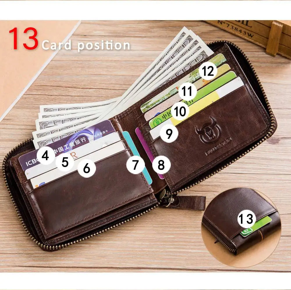 Bullcaptain Genuine Leather Men's Short Wallet Casual Men's Coin Purse Vintage Male Zipper Card Holder Luxury Money Bags JYB022