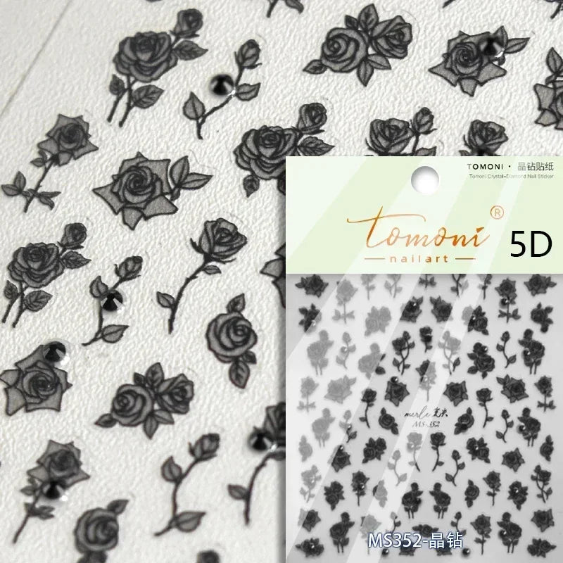 1 piece 5D Spider Web Nail Sticker Cross Silver White Black Glitter Transparent Rhinestone Rose Self-Adhesive Nail Art Sticker