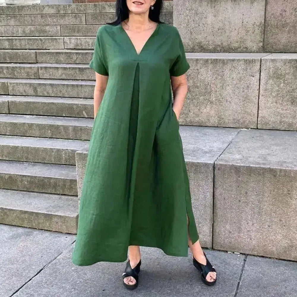 Vestido de manga curta de algodão e cânhamo feminino, decote em v, monocromático, casual, solto, grande, primavera, verão, moda, plus size, L a 5XL