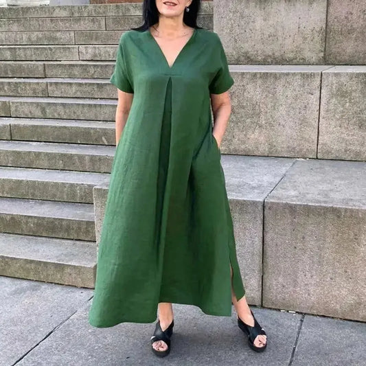 Vestido de manga curta de algodão e cânhamo feminino, decote em v, monocromático, casual, solto, grande, primavera, verão, moda, plus size, L a 5XL