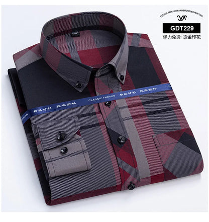 Latest Men's Dress Shirts Spring Autumn Non-iron Anti-wrinkle Business Casual Print Thin Plaid Soft Slim Fit Chemise Homme