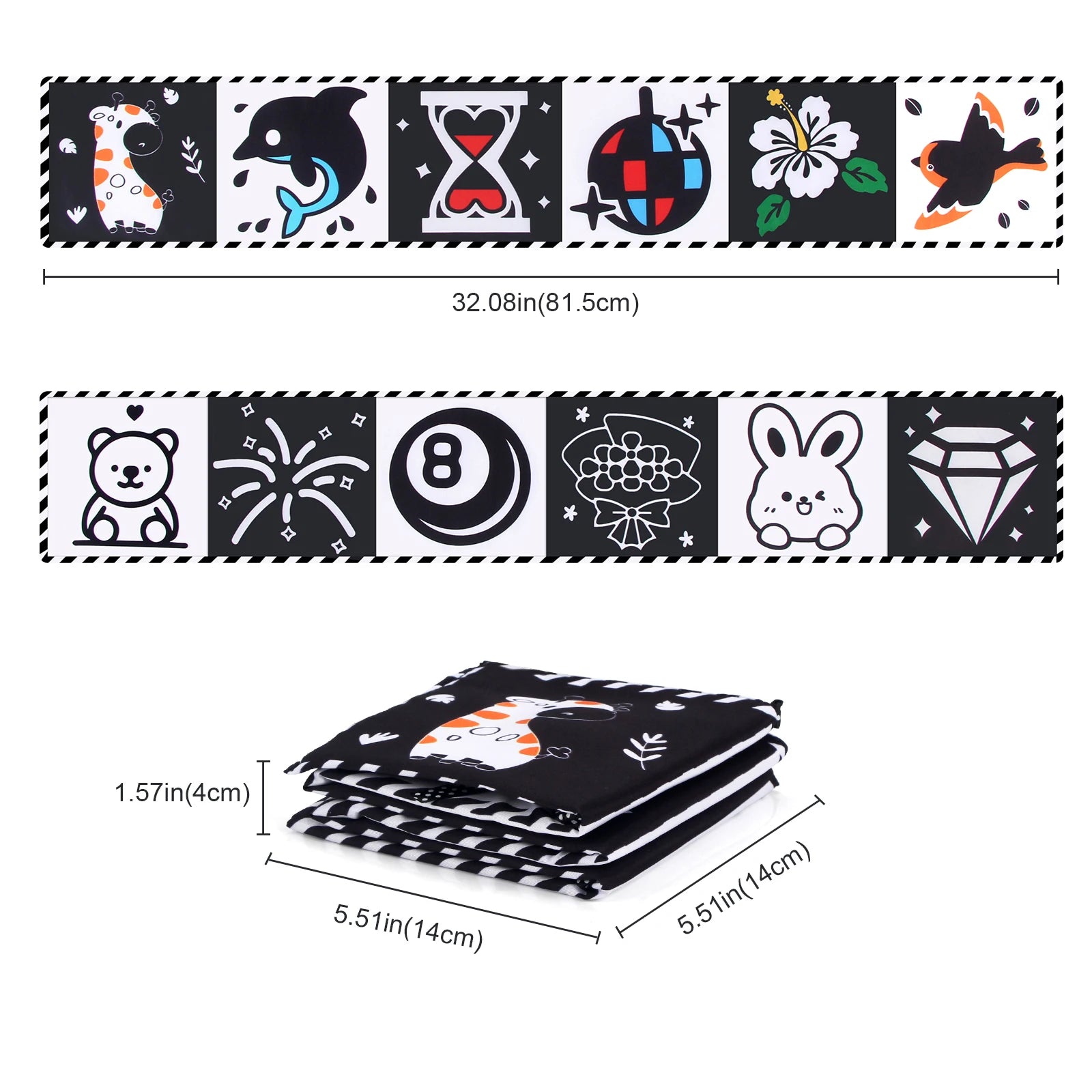 Livro de Pano de Alto Contraste para Bebês (0M+) – Brinquedos Sensoriais em Preto e Branco com Temática de Animais para Berço e Método Montessori