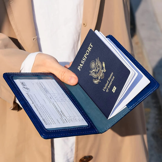 Funda para pasaporte, billetera, artículos esenciales de viaje, bloqueo RFID, tarjetero de cuero, imprescindibles para viajes internacionales, accesorio de viaje