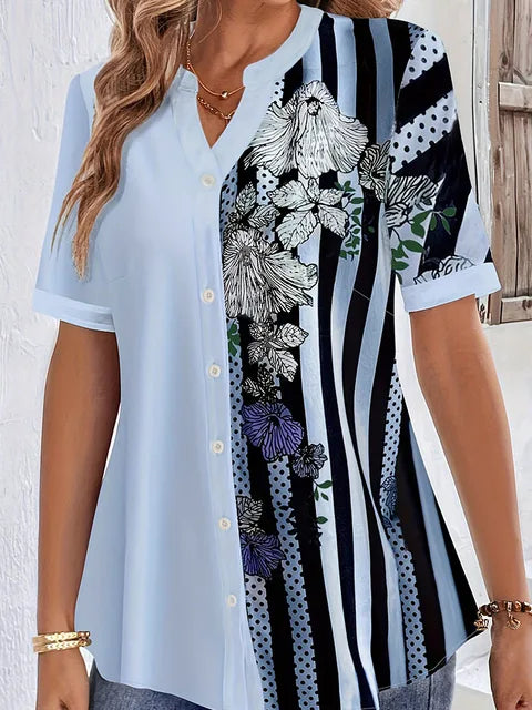 Blusa estampada listrada para as mulheres, blusa casual, gola redonda, meia manga, tamanho grande, roupas de primavera