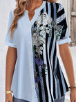 Blusa estampada listrada para as mulheres, blusa casual, gola redonda, meia manga, tamanho grande, roupas de primavera