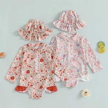 Traje de baño de verano para niñas pequeñas, estampado floral, sin espalda, con volantes, manga larga, ropa de playa para niñas de 0 a 4 años