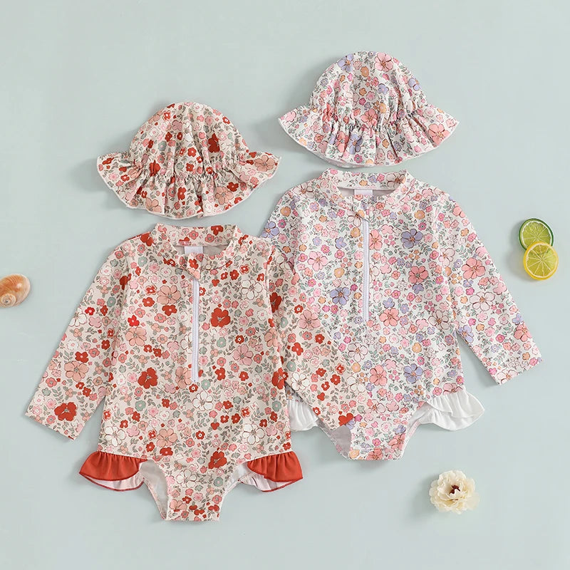 Kids Baby Girl Summer Swimwear Floral Print Backless Ruffles Long Sleeve Bodysuit Bathing Suit Girls Beachwear 0-4 Years