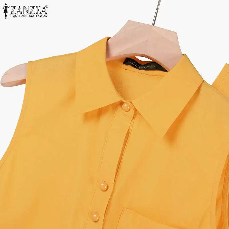 ZANZEA Fashion Sleeveless Tops Short Sets Two Piece Sets Summer Womens Outifits Beach Tracksuit Vintage Solid Cotton Pants Suits