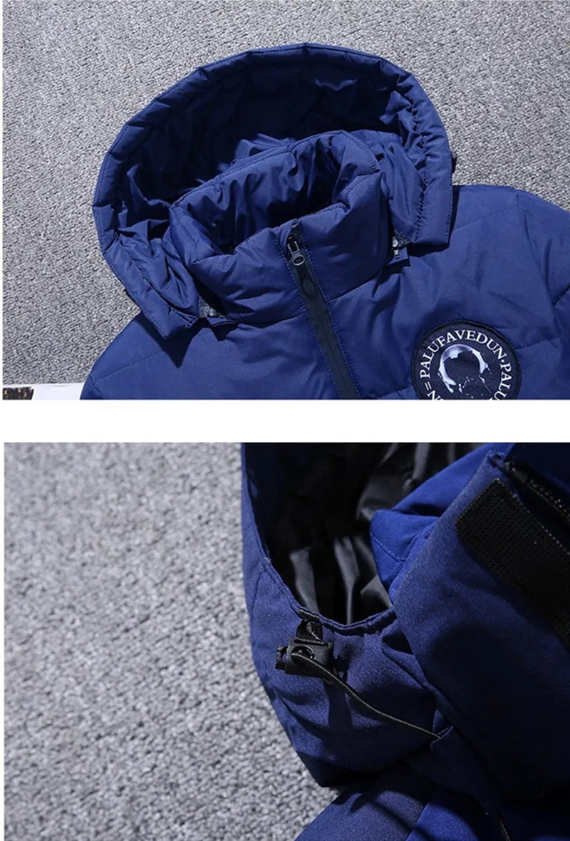 Chaqueta de plumón de 20 grados para hombre, parka de invierno para hombre, chaqueta de plumón de pato blanca con capucha para exteriores, abrigo de nieve acolchado grueso y cálido de gran tamaño M-4XL