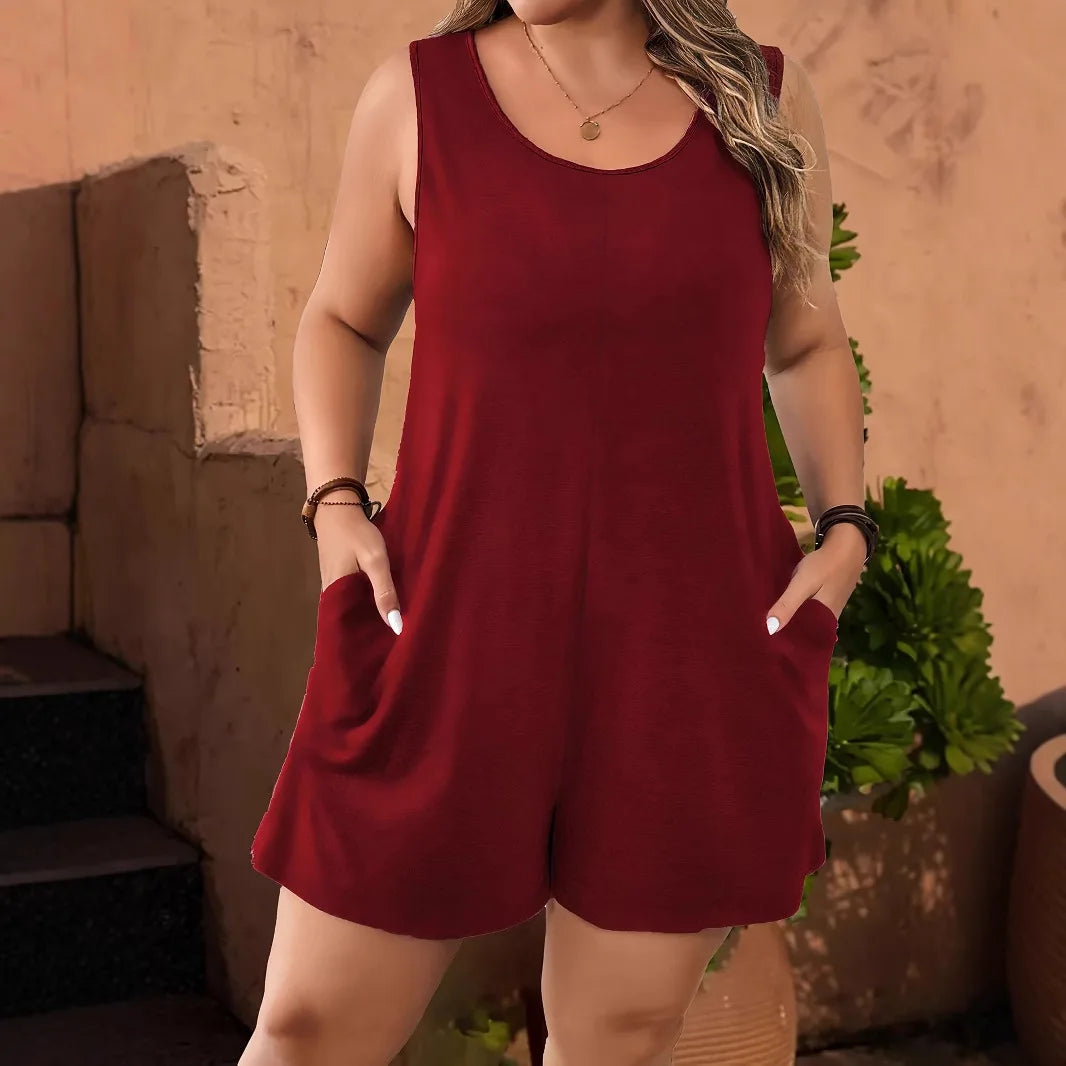 Plus Size Solid Vest Romper Round Neck Jumpsuit With Pockets Elegant Casual Summer Beach Holidays Black Short Jumpsuit For Women