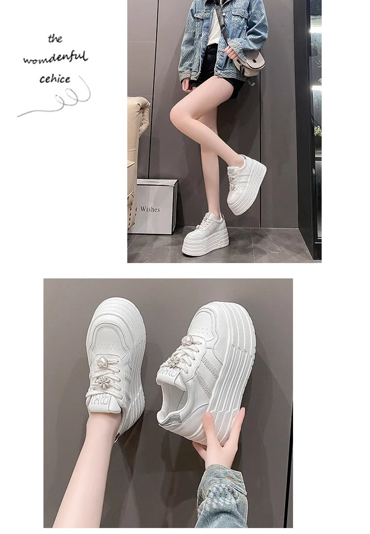 8cm Leather Flats Casual Dad Shoes Chunky Sneakers 2025 Women Platform Sports Shoes Ladies Skateboard Hidden Heels Shoes Tennis