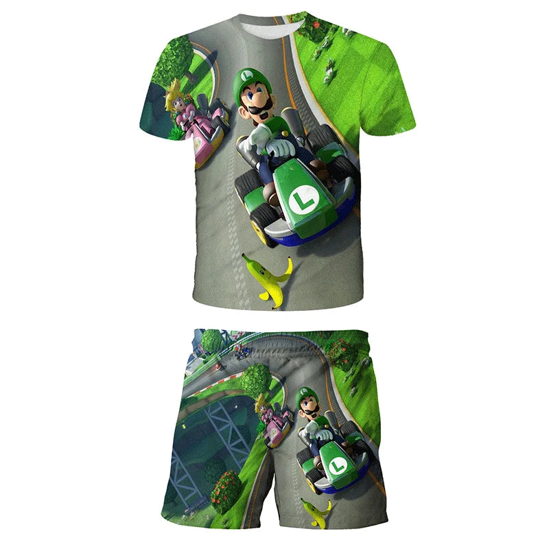 Summer anime Super Mario fashion cute boy 3D top T-shirt+shorts two-piece set Mario girl and boy top short sleeved shorts