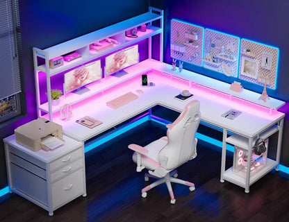 EnHomee L Shaped Gaming Desk with Drawers 66" Reversible Home Office Desks with LED Light &amp; Power Outlets White Computer