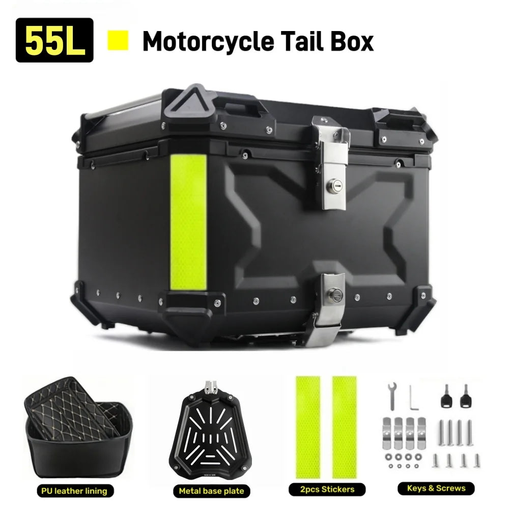 65/55/45L Aluminum Silvery Motorcycle Top Box Waterproof Rear Luggage Case Motorbike Trunk Tail Helmet Box Quick Release Toolbox
