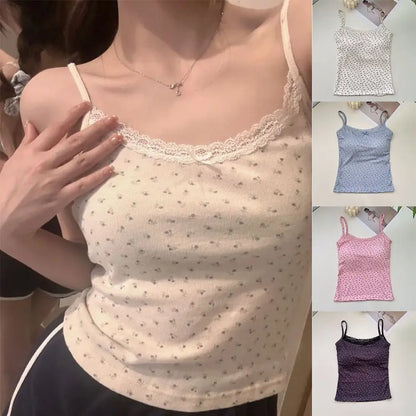 Elegant Lace Flower Print Camis 2024 Y2K Slim Sexy Vest Floral Tops One Size Floral Tank Tops Spring