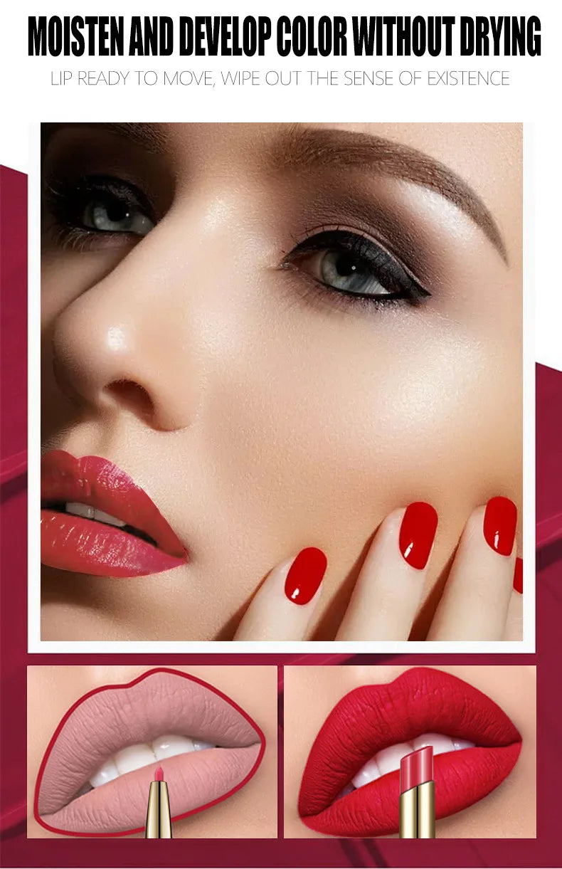Delineador de labios 2 en 1, resistente al agua, mate, lápiz labial, rojo sexy, de larga duración, maquillaje, cosméticos