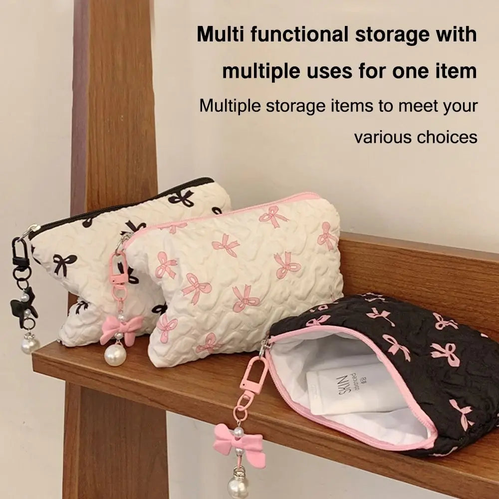 Cotton Makeup Bag for Women Quilted Travel Cosmetic Bag Girls' Make Up Organizer Portable Little Bow Makeup Pouch