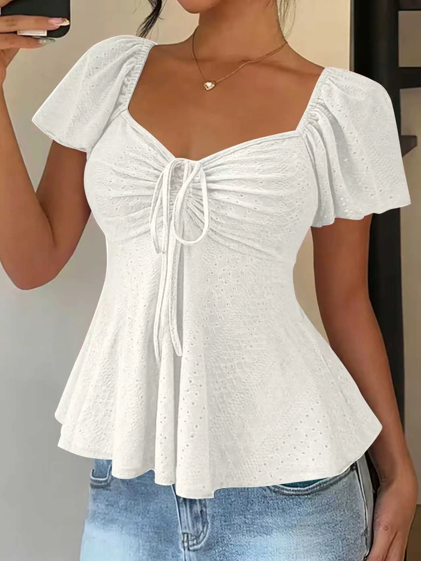 2026 Women Y2k Summer Tops V-Neck Drawstring Sexy Lace Up Short Sleeve Solid Color Shirts Female Elegant Casual Fashion Blouses