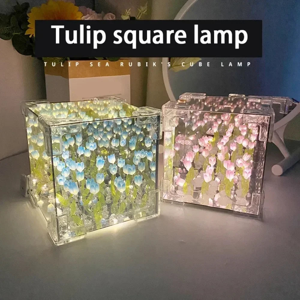 2025 DIY Tulip Sea Rubik's Cube Mirror Night Light Car Decoration Materials Handmade Birthday Gifts for Friends and Colleagues