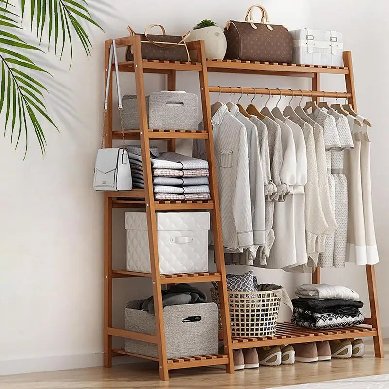 Wooden Garment Coat Clothes Hanging Heavy Duty Rack with top shelf and 2-tier Shoe Clothing Storage Organizer Shelves