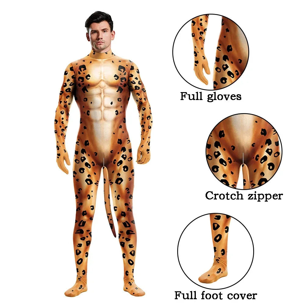 Zawaland Tiger Leopard Cheetah Petsuit for Men Animal Disguise Costume Crotch Zipper Zentai Halloween Carnival Full Bodysuits