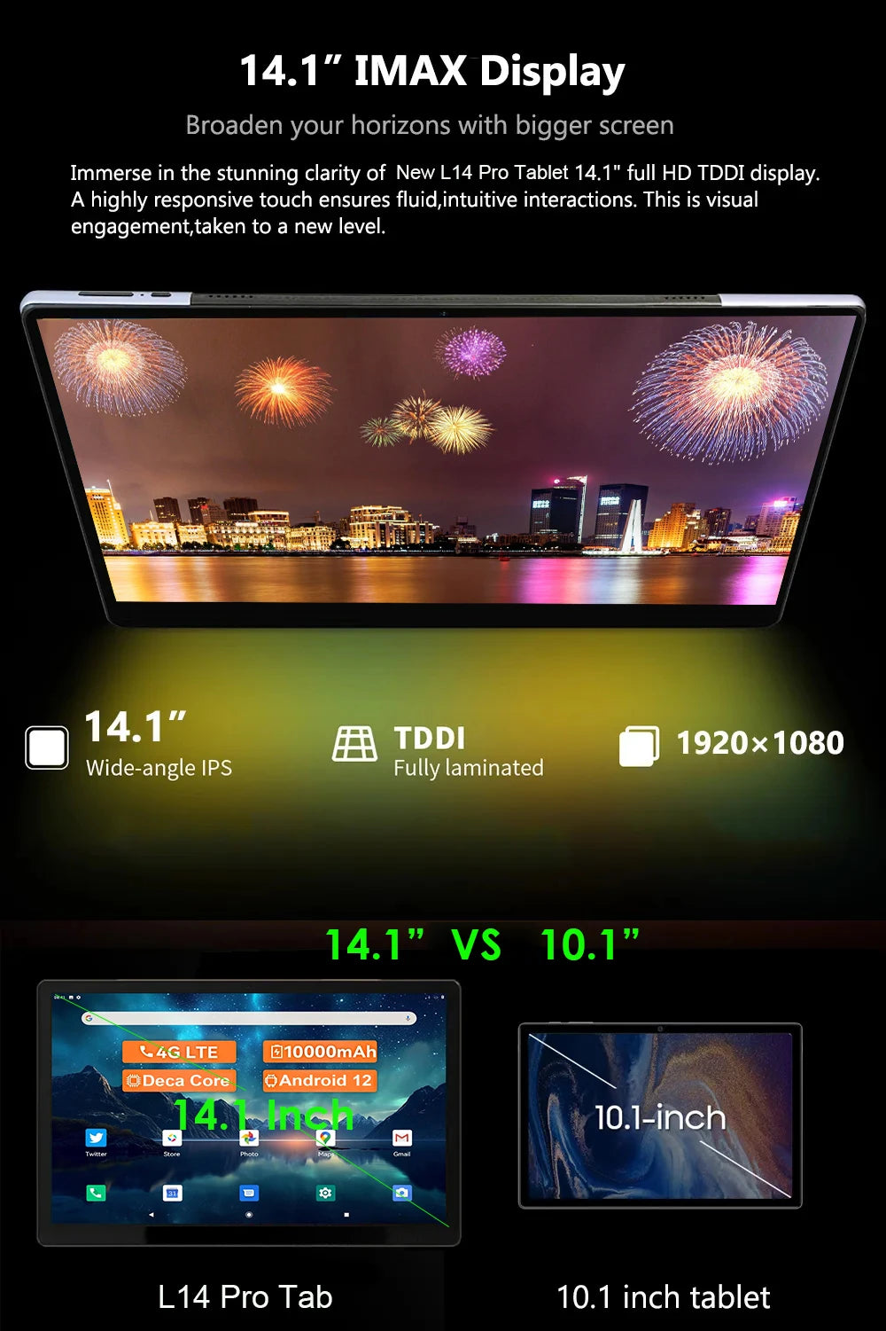 14.1inch Tablet L14 Pro Tab With Large Screen 1920*1080 IPS Screen 12GB+256GB Android 12 Tablets Deca Core 13+5MP Bluetooth WiFi