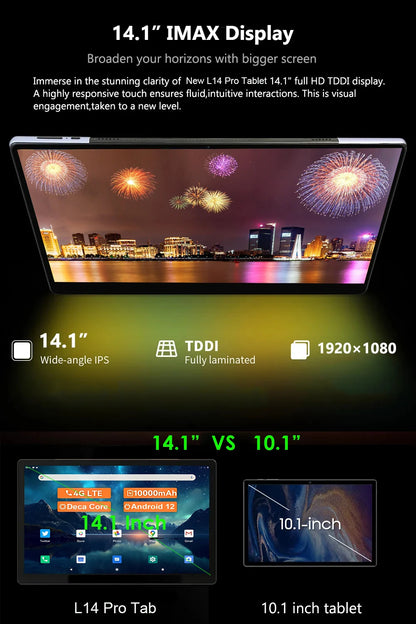 14.1inch Tablet L14 Pro Tab With Large Screen 1920*1080 IPS Screen 12GB+256GB Android 12 Tablets Deca Core 13+5MP Bluetooth WiFi