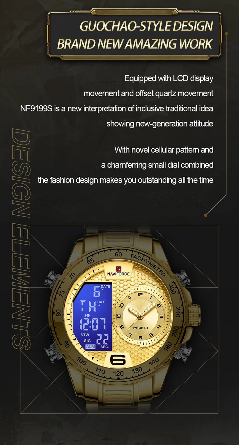 NAVIFORCE Luxury Quartz Watch for Men Honeycomb Dial Design Stainless Steel Wristwatch Dual Display Digital Watches Male Clock