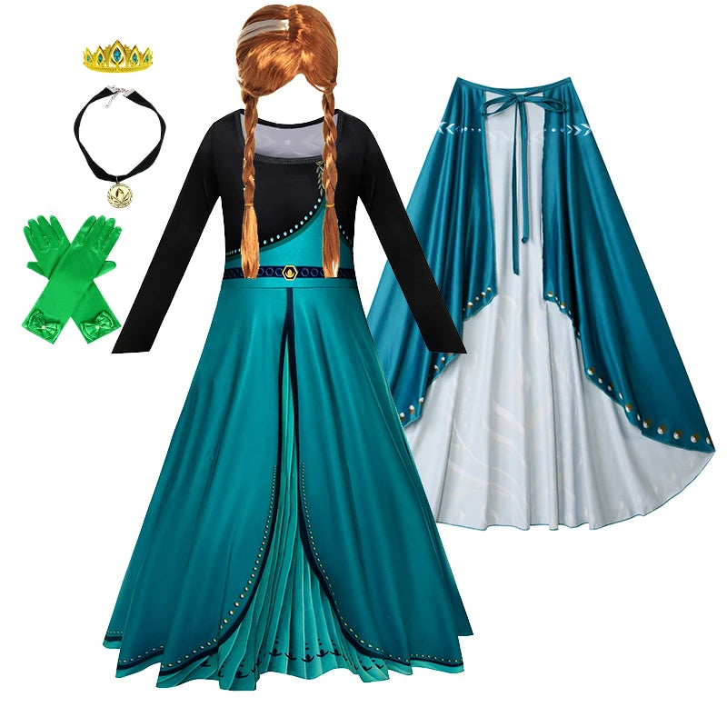 Girls Party Elegant Dresses Anna Princess Girl Cosplay Costume Dark Green Dress With Cloak Carnival Party Kids Birthday Clothes