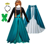 Girls Party Elegant Dresses Anna Princess Girl Cosplay Costume Dark Green Dress With Cloak Carnival Party Kids Birthday Clothes