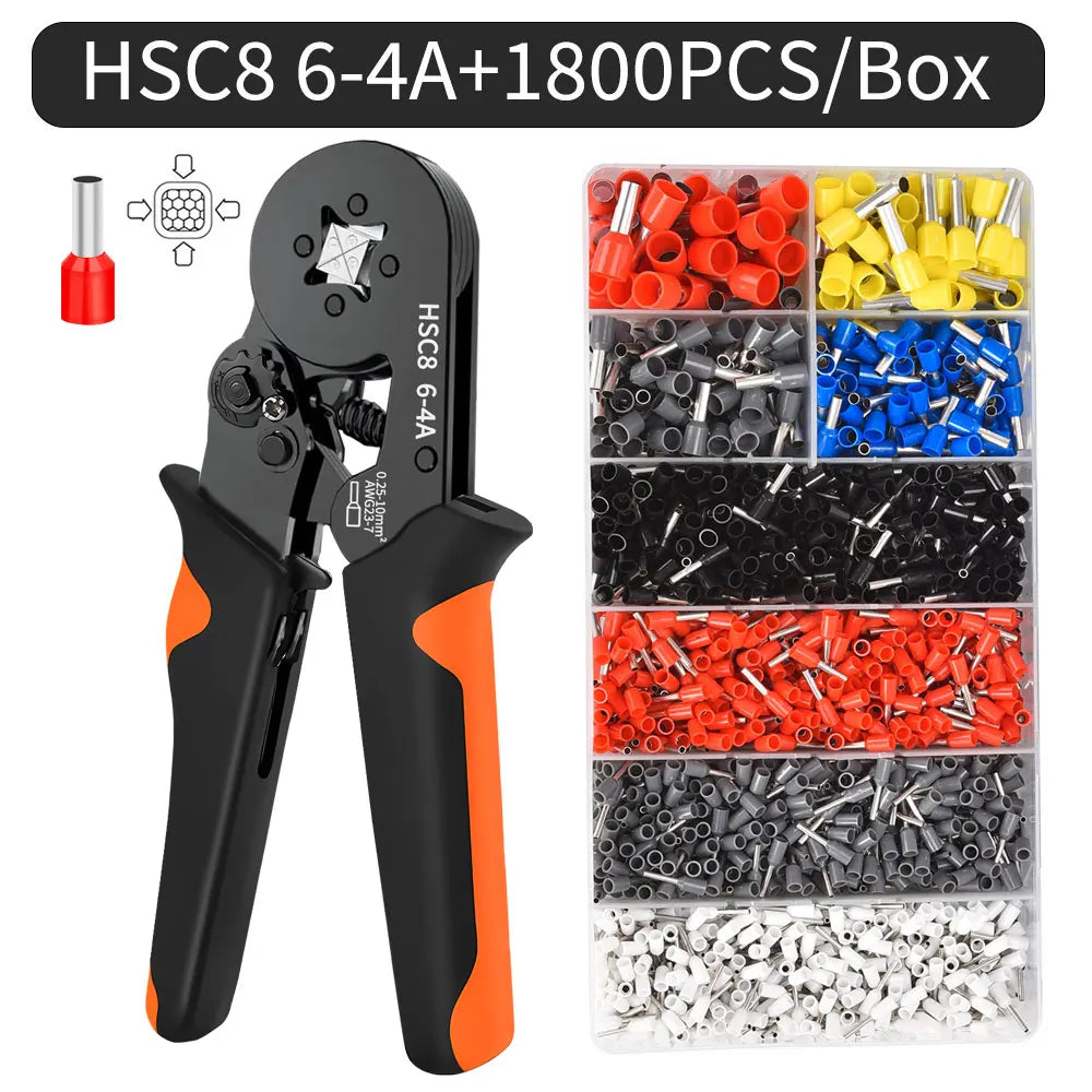Kit de crimpadora de casquillos hexagonales autoajustables con trinquete, 23-7 AWG, 0,25-10 mm², con terminales de cable y casquillos