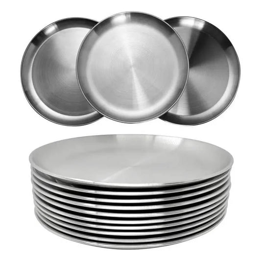 4Pcs Stainless Steel Round Plate Bone Spitting Dish Shallow Tray Metal Camping Plate Dining Disc BBQ Picnic Dishes Cookware