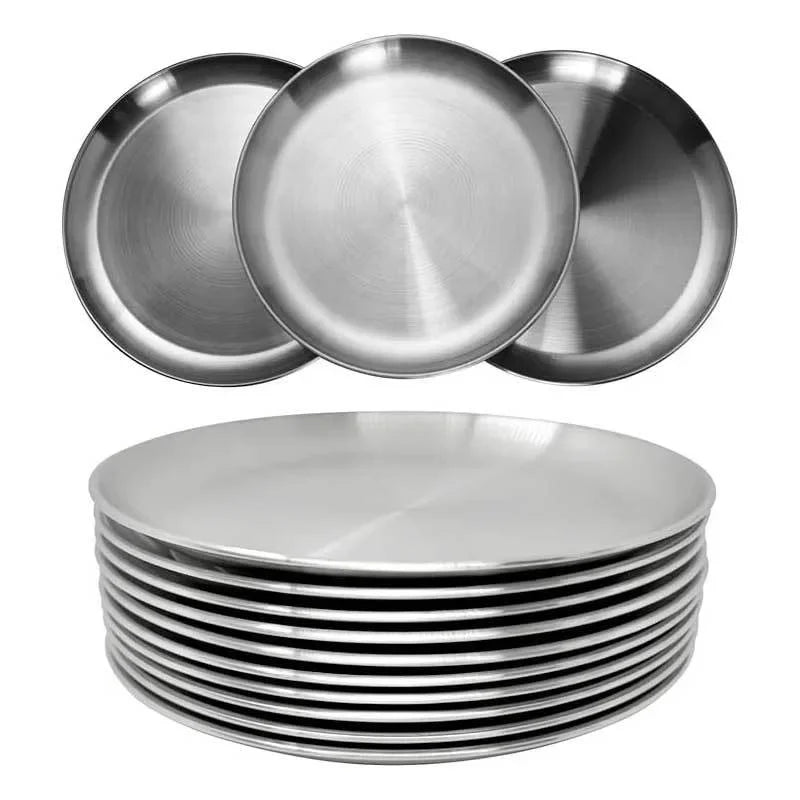 4Pcs Stainless Steel Round Plate Bone Spitting Dish Shallow Tray Metal Camping Plate Dining Disc BBQ Picnic Dishes Cookware