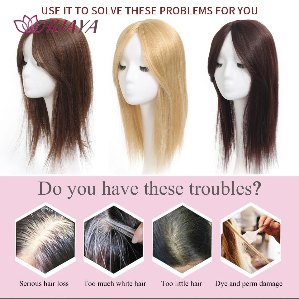 Aplique de cabelo Topper HUAYA volume e franja natural com 3 clipes cabelo liso sintético