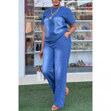 Women Pant Set Two Piece Sets Denim Round Neck Short Sleeve Tops Casual Loose Wide Leg Long Pants High Waist Y2k Streetwear