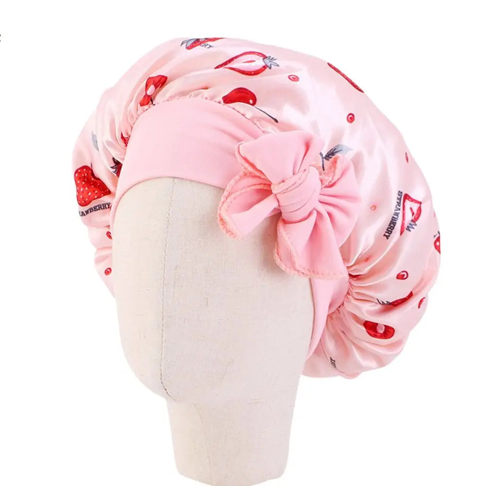 Kids Satin Bonnet Sleep Hat Silk Shower Cap for Child Hair Beanie At Night Boy Girls Flower Printed Silk Sleep Cap with Band Bow