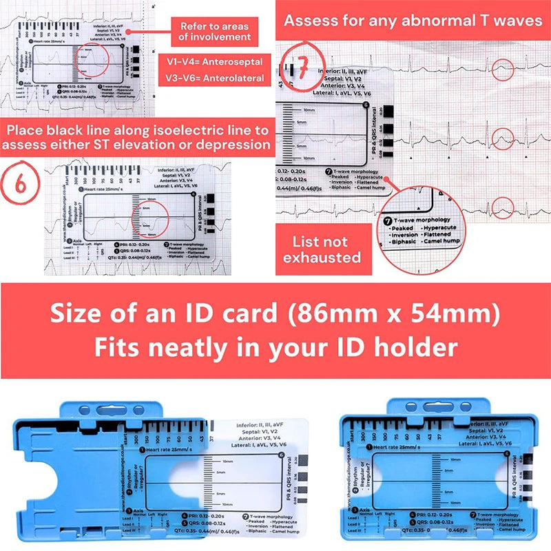 ECG 7 Step Ruler, Ruler Card for ECG/EKG Interpretation, Portable Pocket ECG EKG Reference Guide with Sheath, Emergency tool