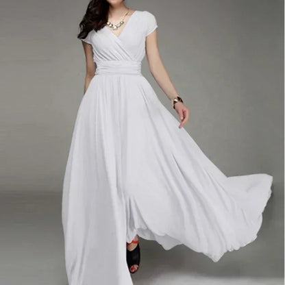 2026 Women's V Neck Short Sleeve Evening Party Dress Temperament Solid Colour Long Cocktail Chiffon High Waist Summer Dresses