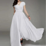 2026 Women's V Neck Short Sleeve Evening Party Dress Temperament Solid Colour Long Cocktail Chiffon High Waist Summer Dresses
