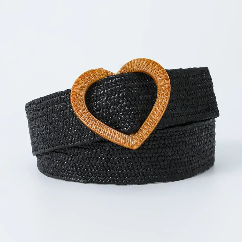 Straw Woven Waist Belt Summer Love Heart Buckle Candy Color Waistband Dress Decoration 4cm Wide Braided Belt