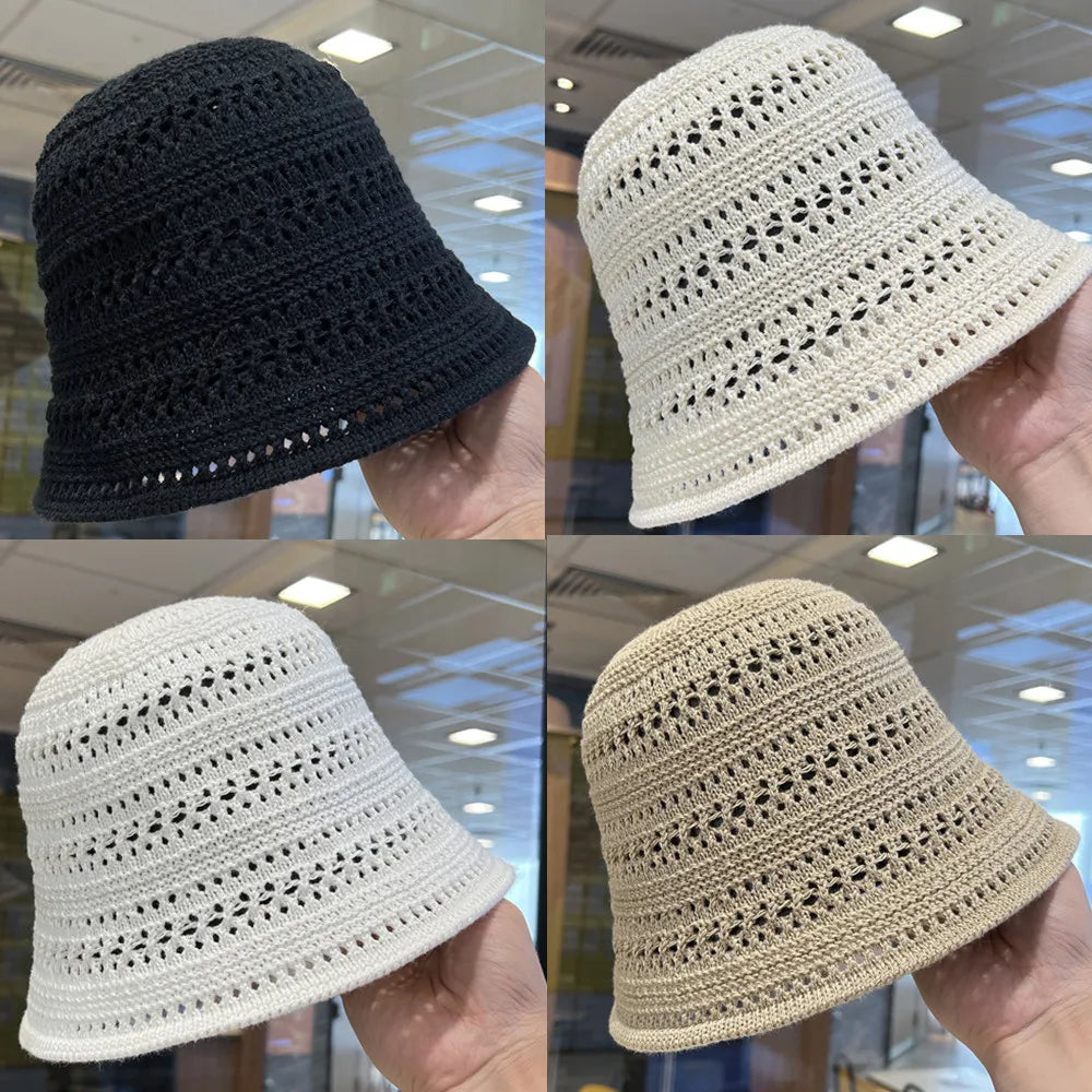 Hollow Out Crochet Sun Hat Wide Brim Bucket Hat Knitted Fisherman Hat Foldable Visor Small Fresh Simple Outdoor Casual Beach Cap